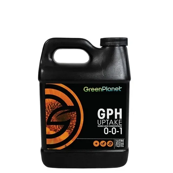 Garrafa negra de GreenPlanet GPH Uptake con asa integrada y etiqueta negra y naranja que indica «Humic Acid Concentrate» y 0-0-1. Garrafa negra de GreenPlanet GPH Uptake con asa integrada y etiqueta negra y naranja que indica «Humic Acid Concentrate» y 0-0-1.