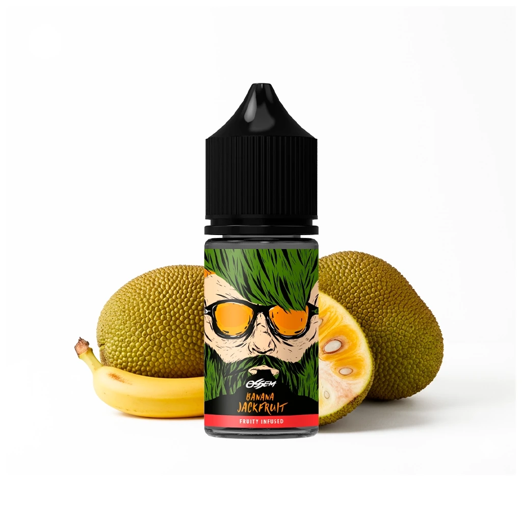 Botella Ossem Banana Jackfruit con tapón negro y etiqueta de rostro con gafas, acompañada de un plátano y frutos de yaca.