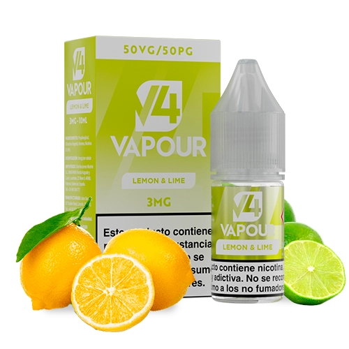 Frasco y caja de V4 Vapour Lemon & Lime, con indicaciones 3MG y 50VG/50PG, rodeados de limones y lima cortada.