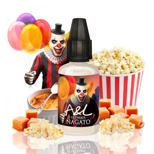Frasco de aroma A&L Ultimate Nagato con un payaso en la etiqueta, junto a globos, palomitas, caramelos y un cuenco con cuchara.