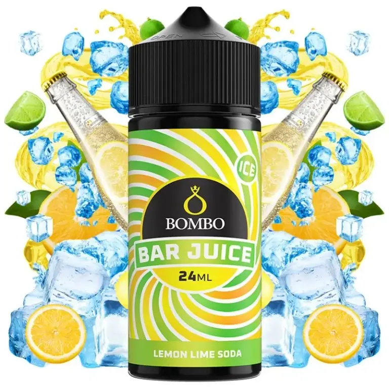 Bote de Bombo Bar Juice Lemon Lime Soda Ice de 24 ml, rodeado de cítricos, cubitos de hielo y botellas de refresco.