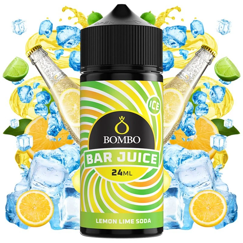 Bote de Bombo Bar Juice Lemon Lime Soda Ice de 24 ml, rodeado de cítricos, cubitos de hielo y botellas de refresco.