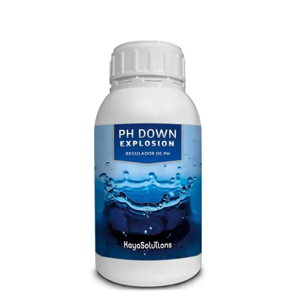 Botella blanca de PH Down Explosion Kayasolutions con tapón estriado y etiqueta azul con una salpicadura de agua y el texto regulador de pH. Botella blanca de PH Down Explosion Kayasolutions con tapón estriado y etiqueta azul con una salpicadura de agua y el texto regulador de pH.