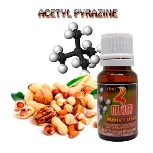 Frasco ámbar de Oil4Vap Acetyl Pyrazine con tapón blanco y etiqueta de 10 ml, junto a frutos secos y una representación molecular.
