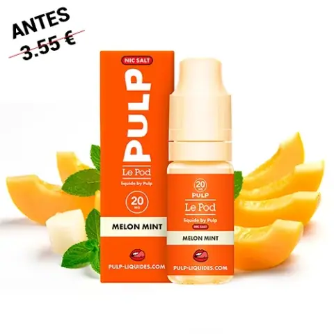Caja naranja y frasco de Pulp Le Pod Salts Melon Mint, con etiqueta de 20 mg, rodeados de rodajas de melón y hojas de menta.