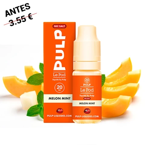 Caja naranja y frasco de Pulp Le Pod Salts Melon Mint, con etiqueta de 20 mg, rodeados de rodajas de melón y hojas de menta.