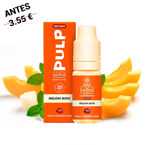Caja naranja y frasco de Pulp Le Pod Salts Melon Mint, con etiqueta de 20 mg, rodeados de rodajas de melón y hojas de menta.