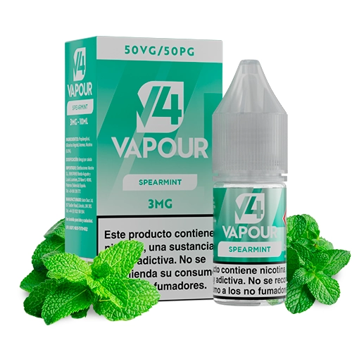 Caja verde y frasco de V4 Vapour Spearmint con hojas de menta; en la caja se leen 3 mg y 50VG/50PG.