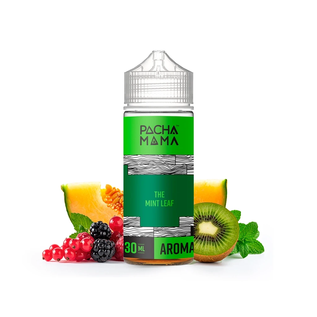 Frasco Pachamama The Mint Leaf de 30 ml con etiqueta verde, rodeado de melón, kiwi, frutos rojos y hojas de menta.