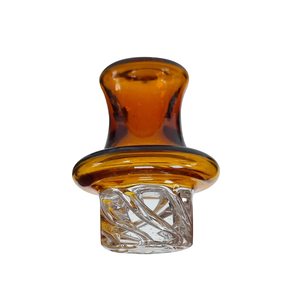 Carb Cup Cyclone Riptide de cristal ámbar, con cuello estrecho, reborde circular y base transparente con trazos entrelazados.