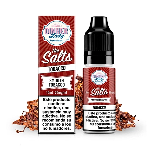 Frasco y caja de Dinner Lady Smooth Tobacco Nic Salts con etiquetas rojas que indican 10 ml y 20 mg/ml, sobre hojas de tabaco.