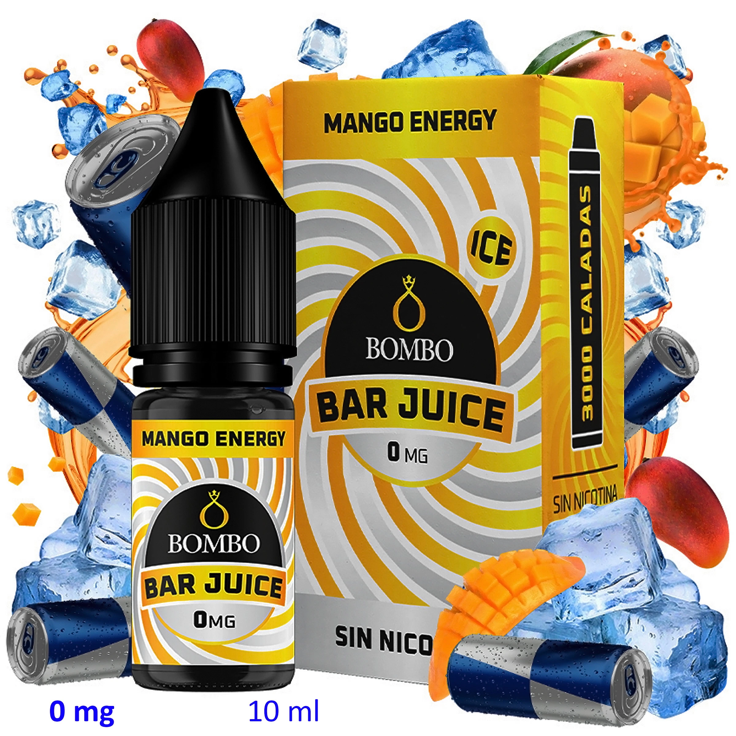 Frasco y caja de Mango Energy Ice Bar Juice by Bombo, de 10 ml y 0 mg/ml, rodeados de mangos, hielo y latas ilustradas.