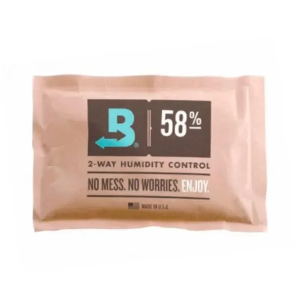 Sobre rectangular Boveda con etiqueta del 58 % y texto de control de humedad bidireccional, sobre fondo blanco.