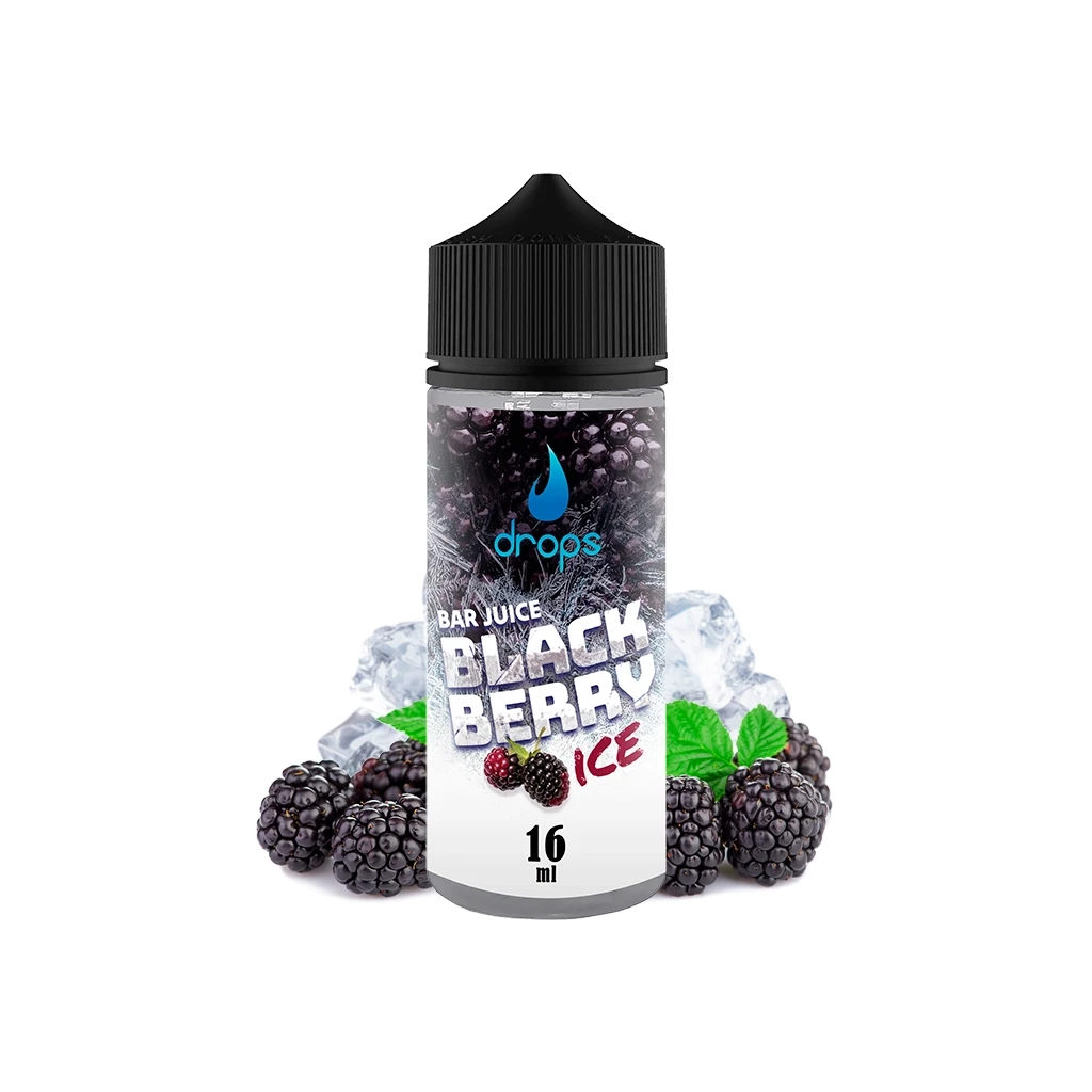Bote Drops Bar Juice Blackberry Ice de 16 ml con tapón negro, rodeado de moras, hojas verdes y cubitos de hielo.