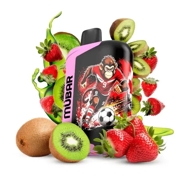 Vapeador Mübar negro y rosa con un simio futbolista dibujado, rodeado de fresas y kiwis enteros y cortados.