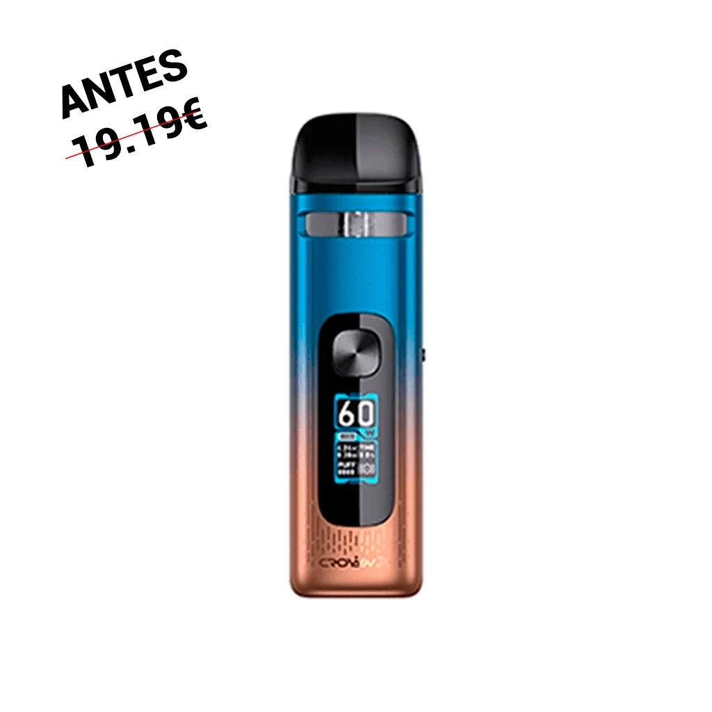 Uwell Crown X Pod Kit con acabado degradado azul y cobrizo, boquilla negra, botón frontal y pantalla sobre fondo blanco.