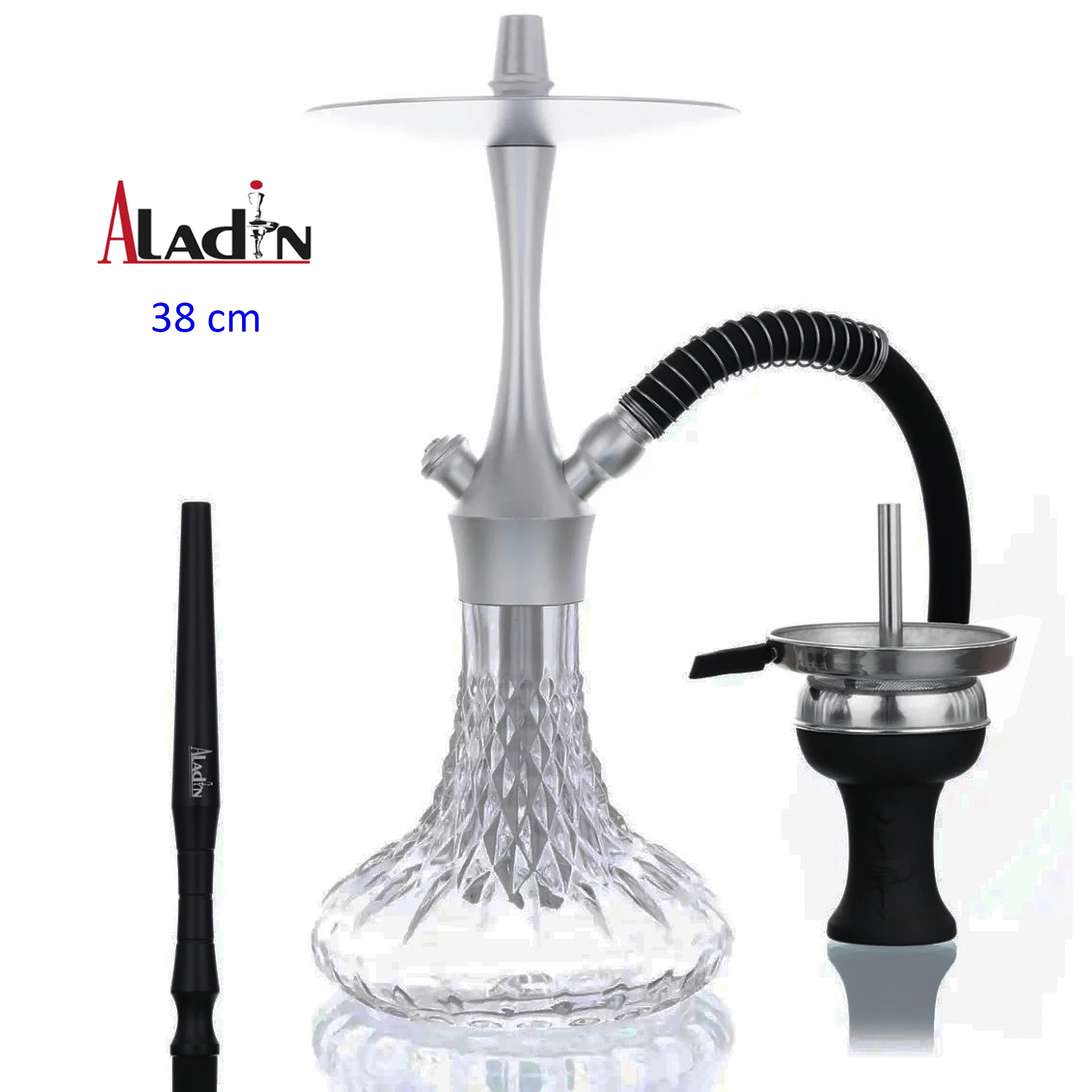 Shisha ALADIN ALUX 380 de 38 cm, con base transparente facetada, cuerpo plateado, manguera negra y cazoleta mostrada aparte.
