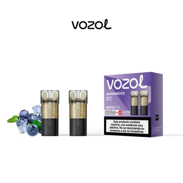 Pods Vozol Switch Pro Arándano Ice con base negra y depósito translúcido, junto a su caja morada y arándanos con cubitos de hielo.