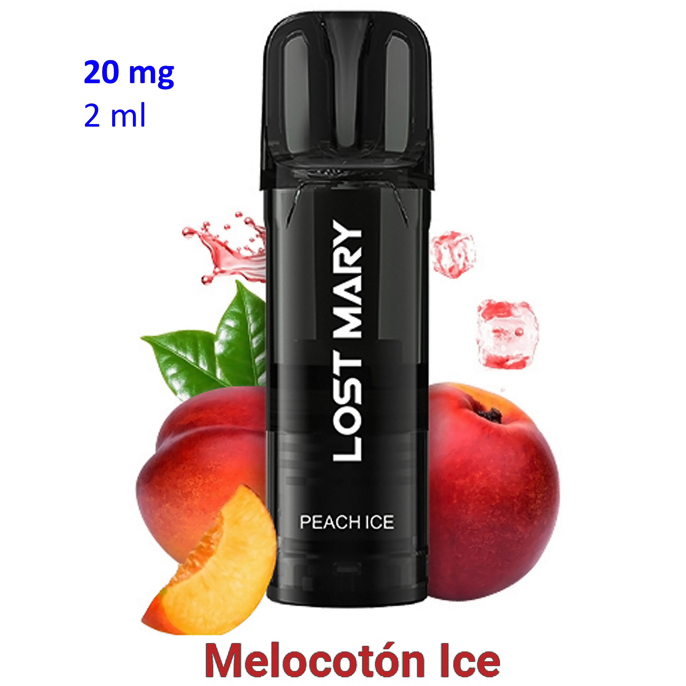 Pod negro Lost Mary Peach Ice con las indicaciones 20 mg y 2 ml, rodeado de melocotones y cubitos de hielo sobre fondo blanco.