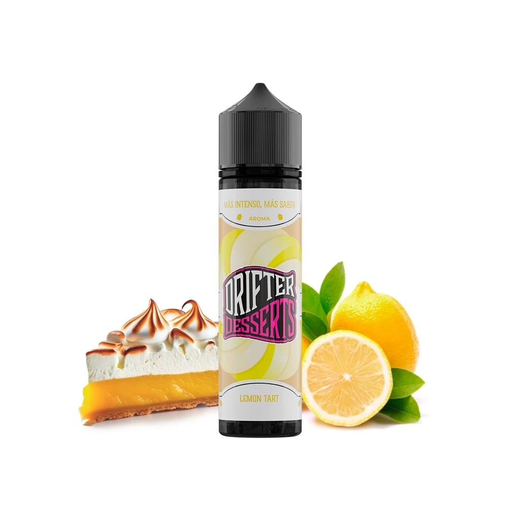 Frasco Drifter Desserts Lemon Tart con tapón negro, junto a una porción de tarta con merengue y limones sobre fondo blanco.