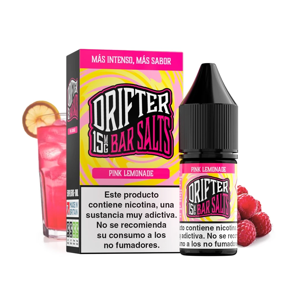 Frasco y caja Drifter Bar Salts Pink Lemonade en rosa y amarillo, con texto de 10 mg, junto a frambuesas y un vaso de bebida rosa.