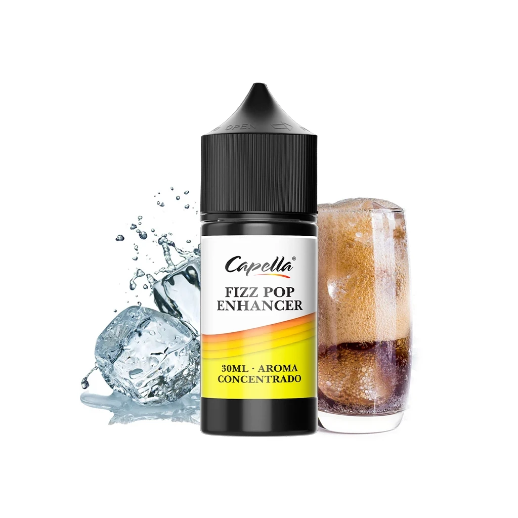 Frasco de Capella Fizz Pop Enhancer de 30 ml con tapón negro, junto a un vaso de bebida oscura con espuma y hielo con salpicaduras.