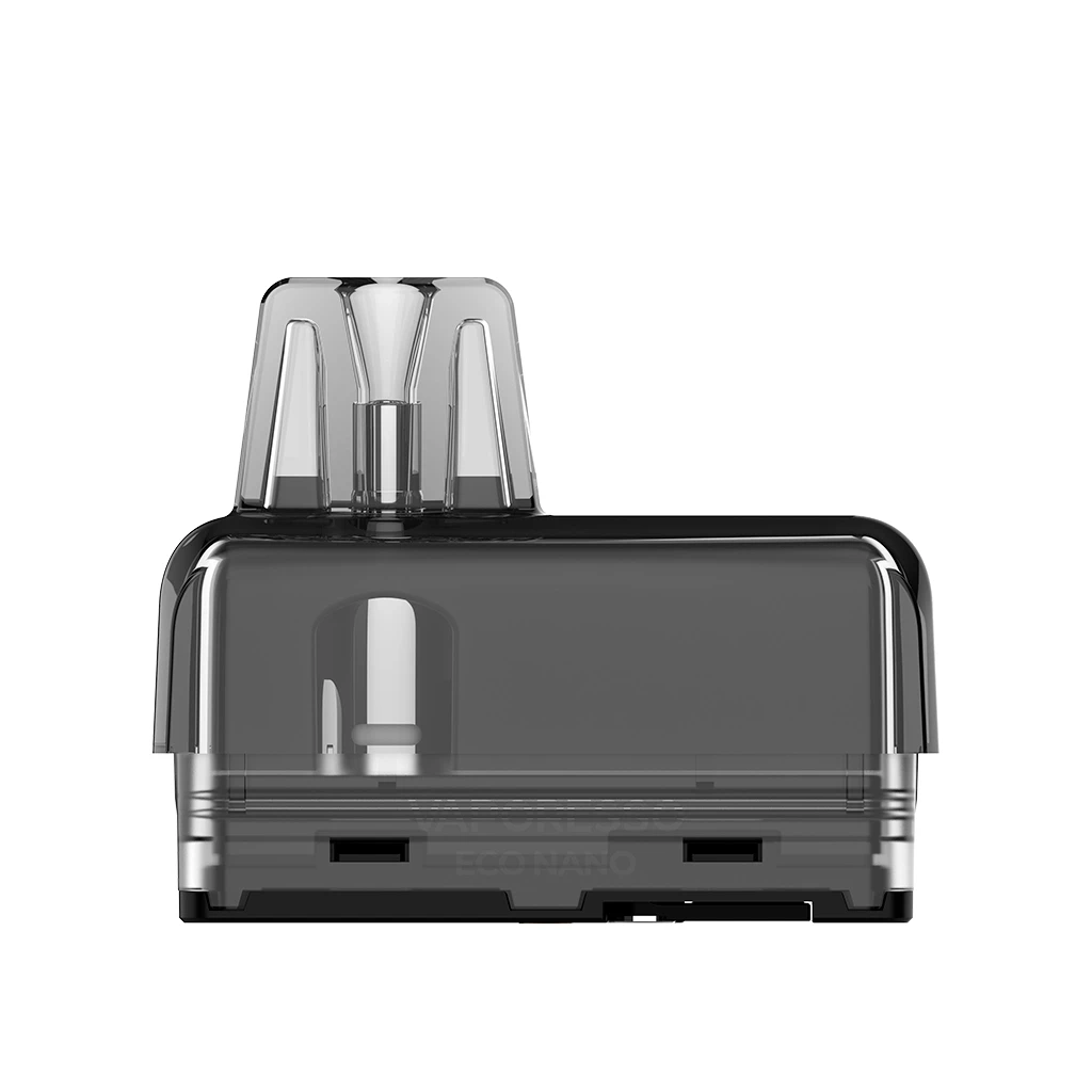 Pod de repuesto Vaporesso Eco Nano con depósito translúcido oscuro, boquilla transparente y base rectangular sobre fondo blanco.