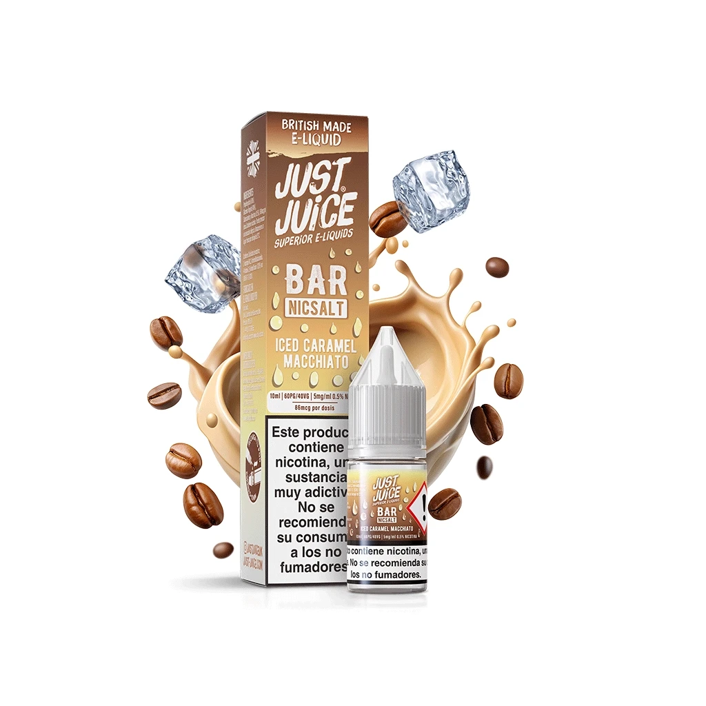 Frasco y caja de Just Juice Bar Salts Iced Caramel Macchiato con granos de café, cubitos de hielo y una salpicadura de color caramelo.