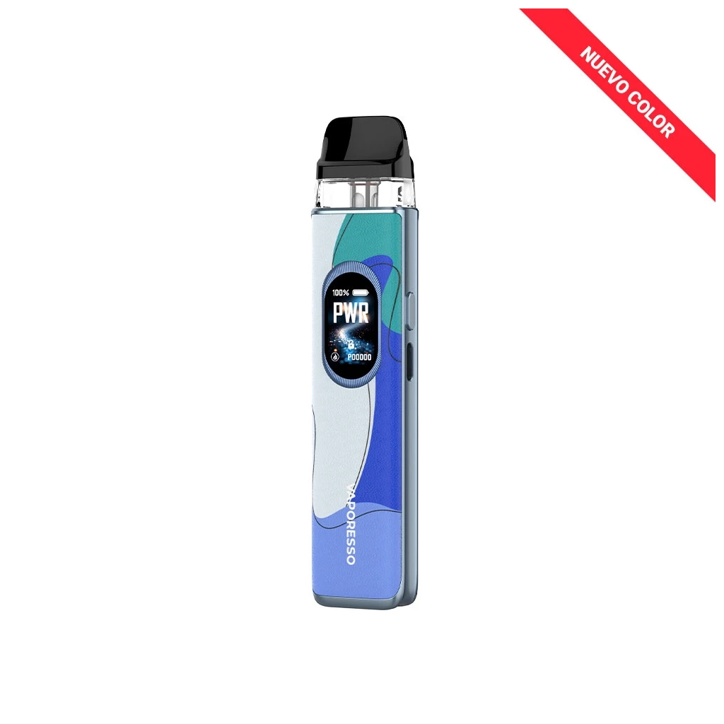 Vaporesso XROS 6 con boquilla negra, pantalla ovalada y cuerpo con diseño ondulado en tonos azul, turquesa y blanco.