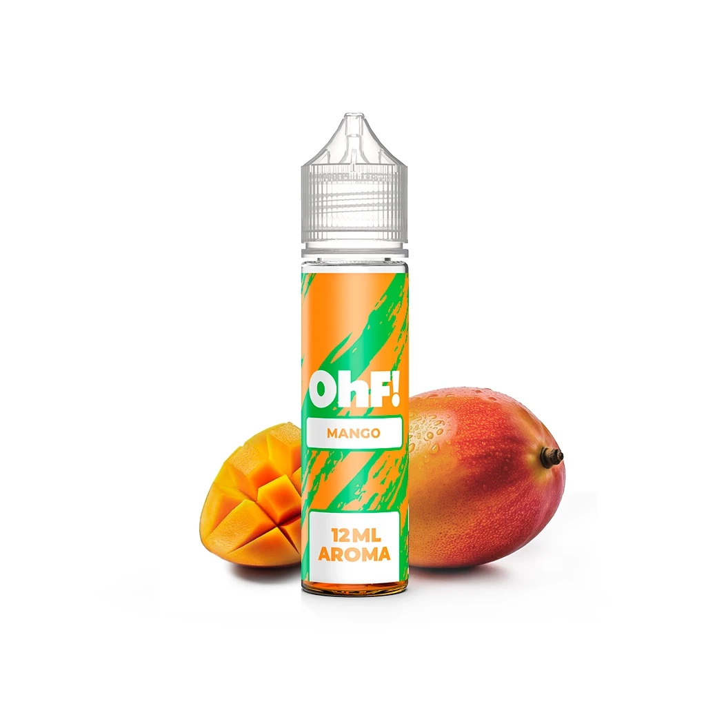 Frasco de OhF! Mango Longfill con etiqueta naranja y verde que indica 12 ml de aroma, junto a un mango entero y otro cortado.