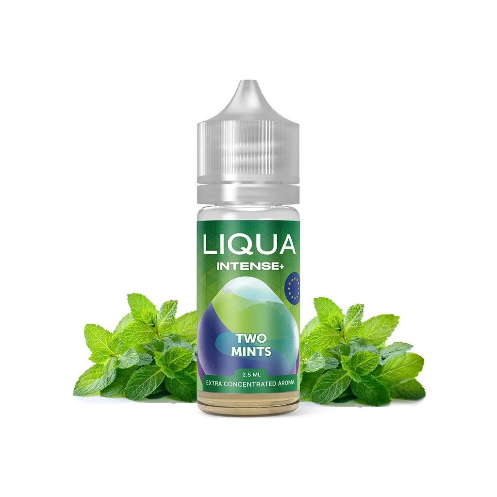Frasco Liqua Intense Two Mints con tapón translúcido y etiqueta verde, acompañado de hojas de menta sobre fondo blanco.