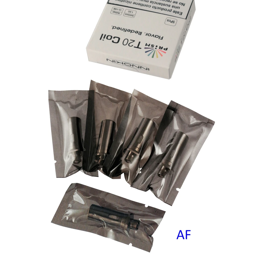 Bobinas Innokin Endura T20 en envoltorios individuales, con una caja parcialmente visible y girada sobre fondo blanco.