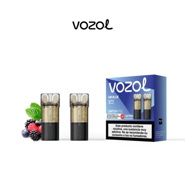 Pods Switch Pro Mr. Blue de Vozol junto a su caja azul, con boquillas transparentes, frutos del bosque y hojas verdes.