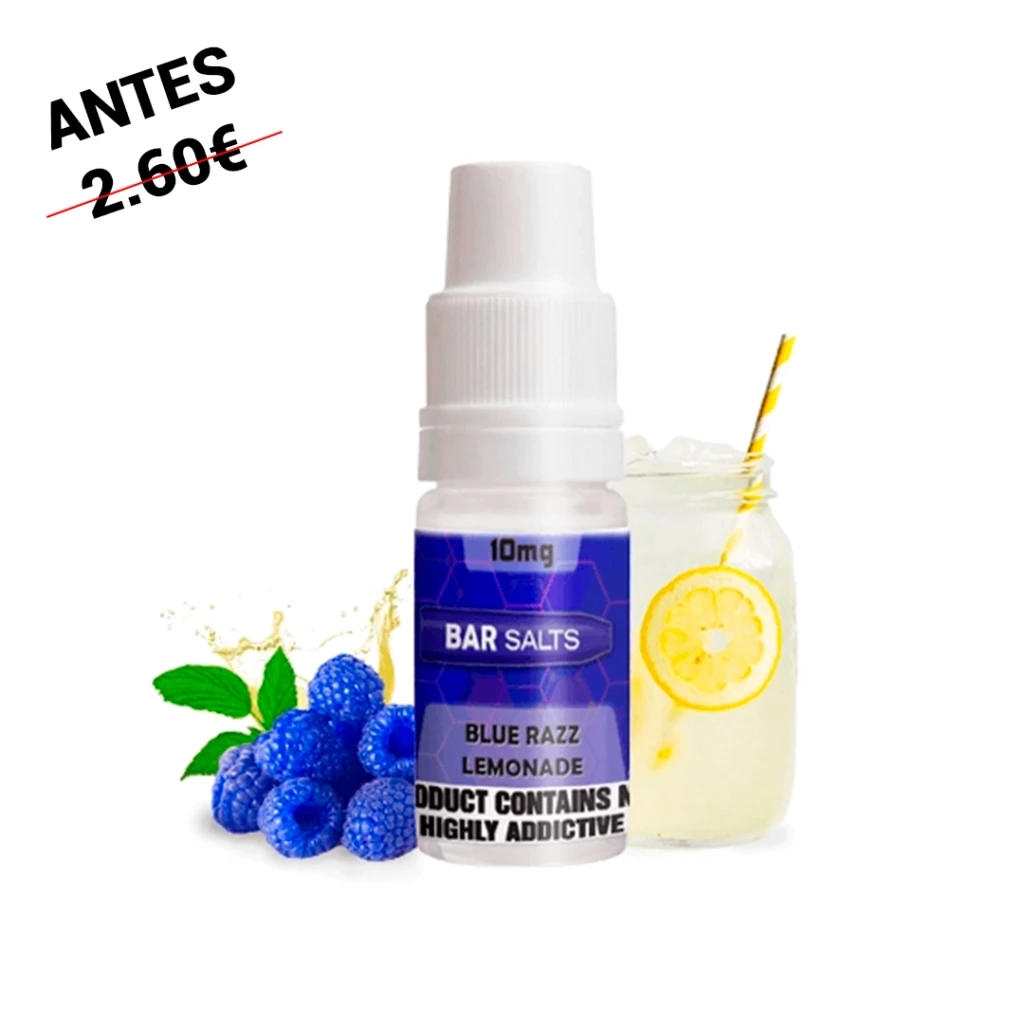 Frasco de Bar Salts Blue Razz Lemonade con etiqueta de 10 mg, junto a frambuesas azules y un vaso con limón y pajita.
