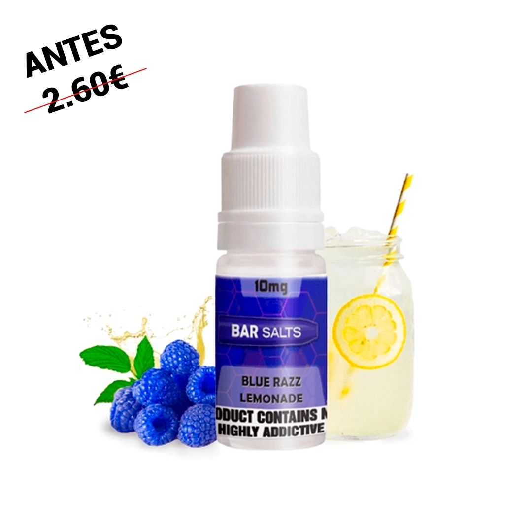 Frasco de Bar Salts Blue Razz Lemonade con etiqueta de 10 mg, junto a frambuesas azules y un vaso con limón y pajita.