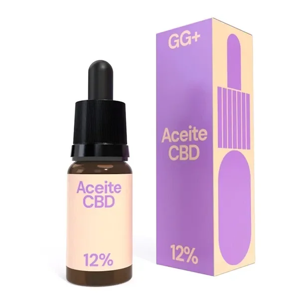 Aceite CBD 12% GG+ en frasco ámbar con cuentagotas negro, junto a una caja lila y crema con el texto «Aceite CBD» y «12%».
