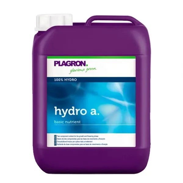 Garrafa morada de Plagron Hydro A con asa integrada, tapón blanco y etiqueta azul con el texto «hydro a.» y «basic nutrient». Garrafa morada de Plagron Hydro A con asa integrada, tapón blanco y etiqueta azul con el texto «hydro a.» y «basic nutrient».