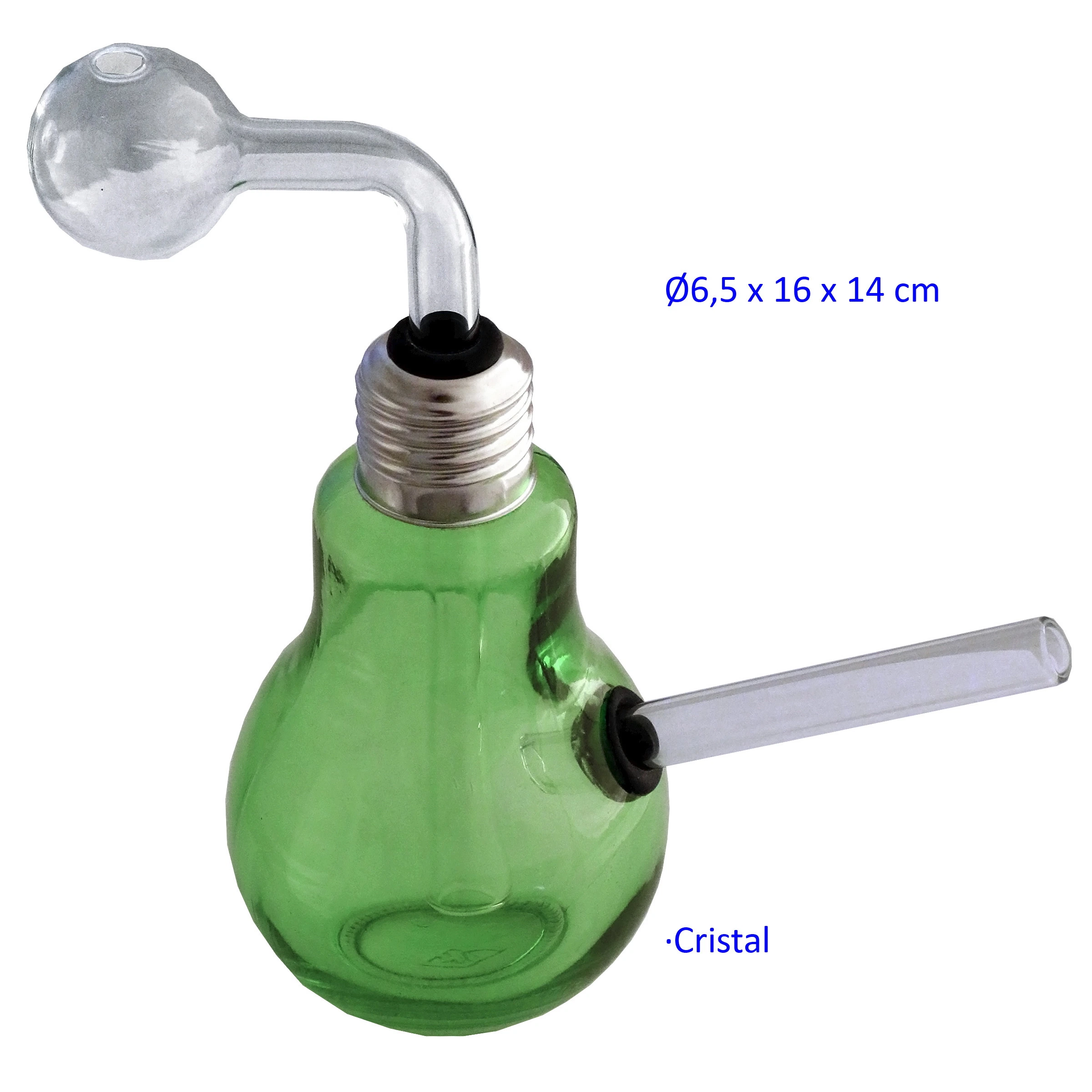 Bong de cristal verde en forma de bombilla, con cuello plateado, tubo superior curvado y tubo lateral transparente sobre fondo blanco.