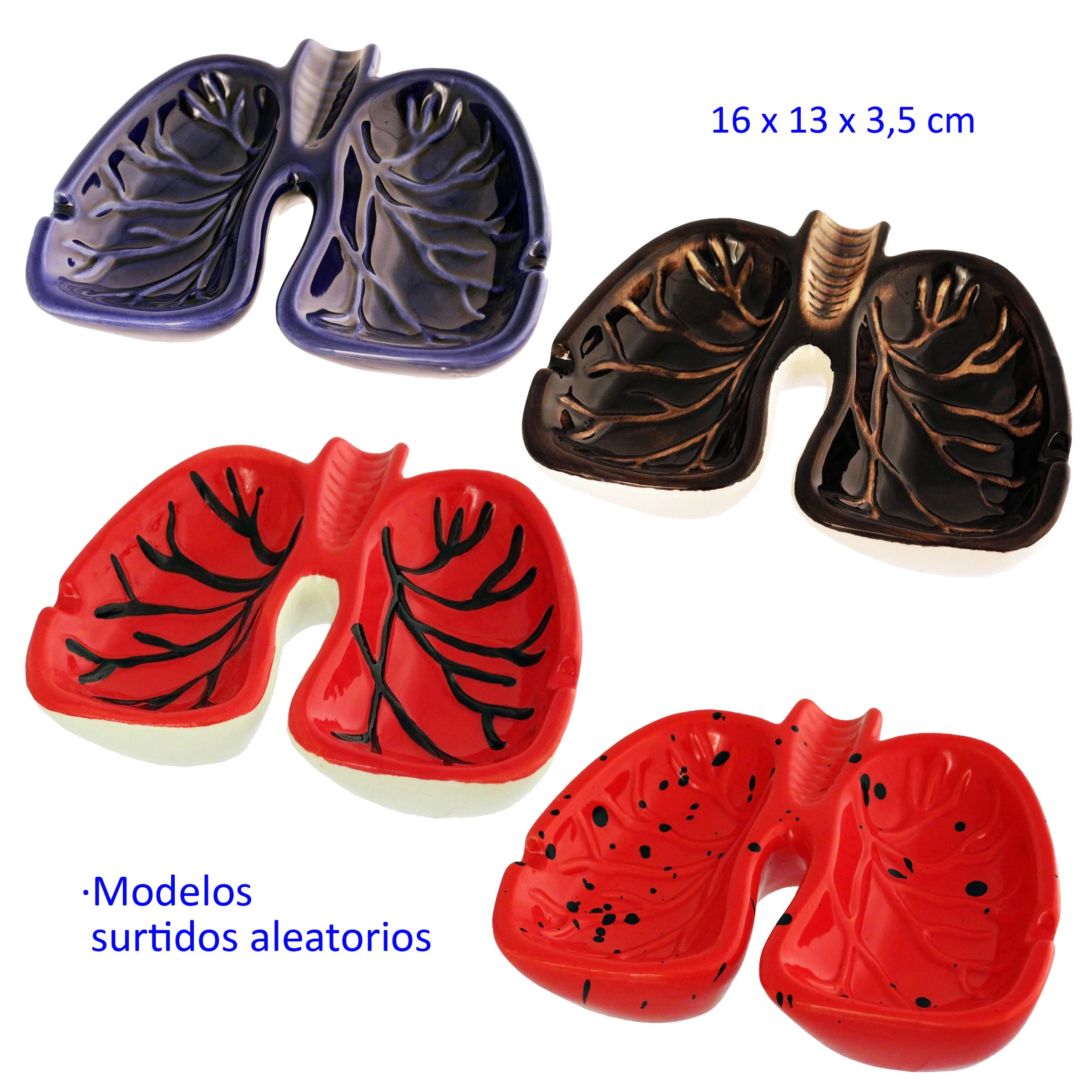 Selección de ceniceros con forma de pulmones, en tonos morado, marrón y rojo, con relieves ramificados y distintos acabados.