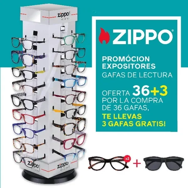Expositor Zippo con gafas de lectura de distintas monturas junto a un cartel de promoción 36 más 3 y ejemplos de las gafas anunciadas.