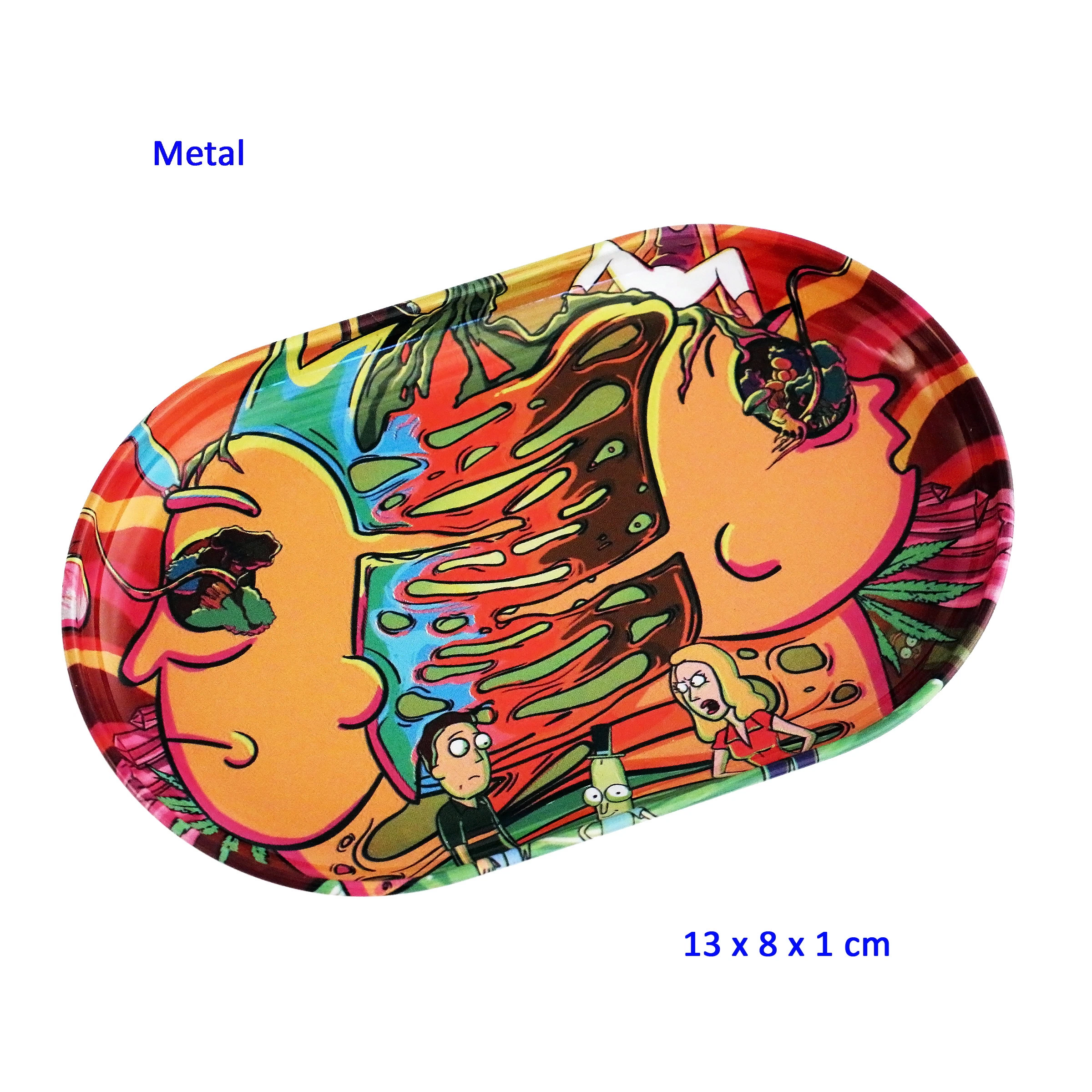 Bandeja para liar de bordes redondeados con caras naranjas, personajes de dibujos y un estampado multicolor, vista en perspectiva.