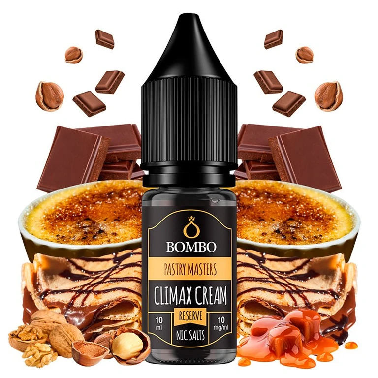 Bote de Climax Cream Reserve de Bombo, de 10 ml y 10 mg/ml, rodeado de chocolate, frutos secos y postres con caramelo.