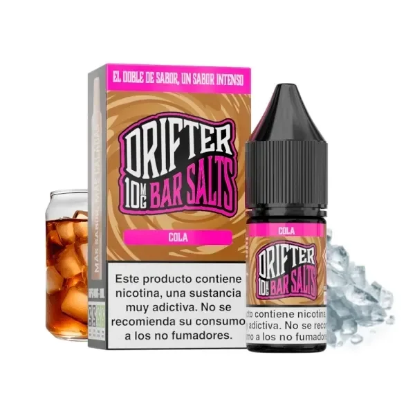 Bote y caja de Drifter Bar Salts Cola con etiquetas marrones y rosas, junto a un vaso de refresco e hielo sobre fondo blanco.