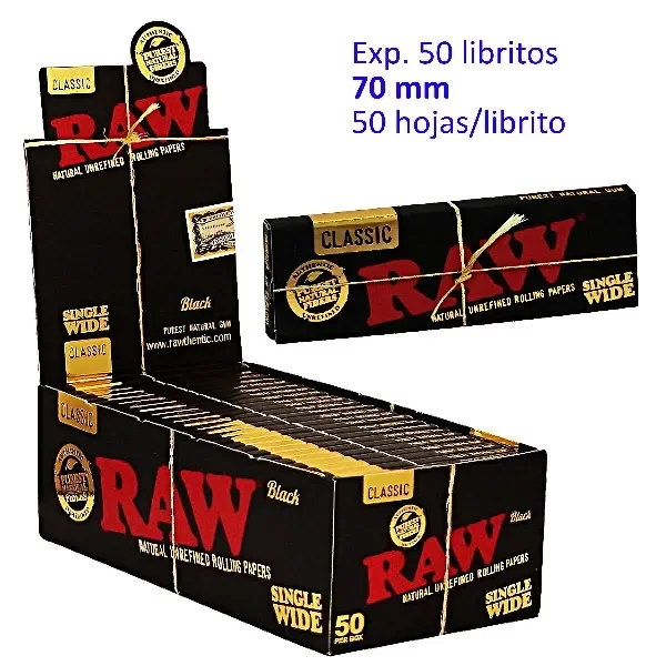 Expositor de papel RAW Black Classic Single Wide con varios libritos negros y uno ampliado; texto de 50 libritos y 50 hojas por librito.