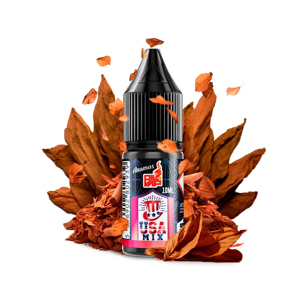 Frasco de aroma Oil4Vap USA Mix con tapón negro y etiqueta de 10 ml, rodeado de hojas marrones y fragmentos de tabaco.