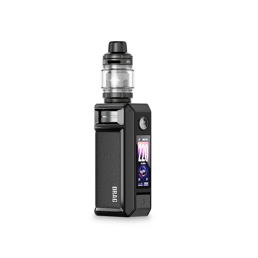 Voopoo Drag 6 negro con depósito transparente, boquilla superior, panel texturizado y pantalla lateral a color sobre fondo blanco. Voopoo Drag 6 negro con depósito transparente, boquilla superior, panel texturizado y pantalla lateral a color sobre fondo blanco.