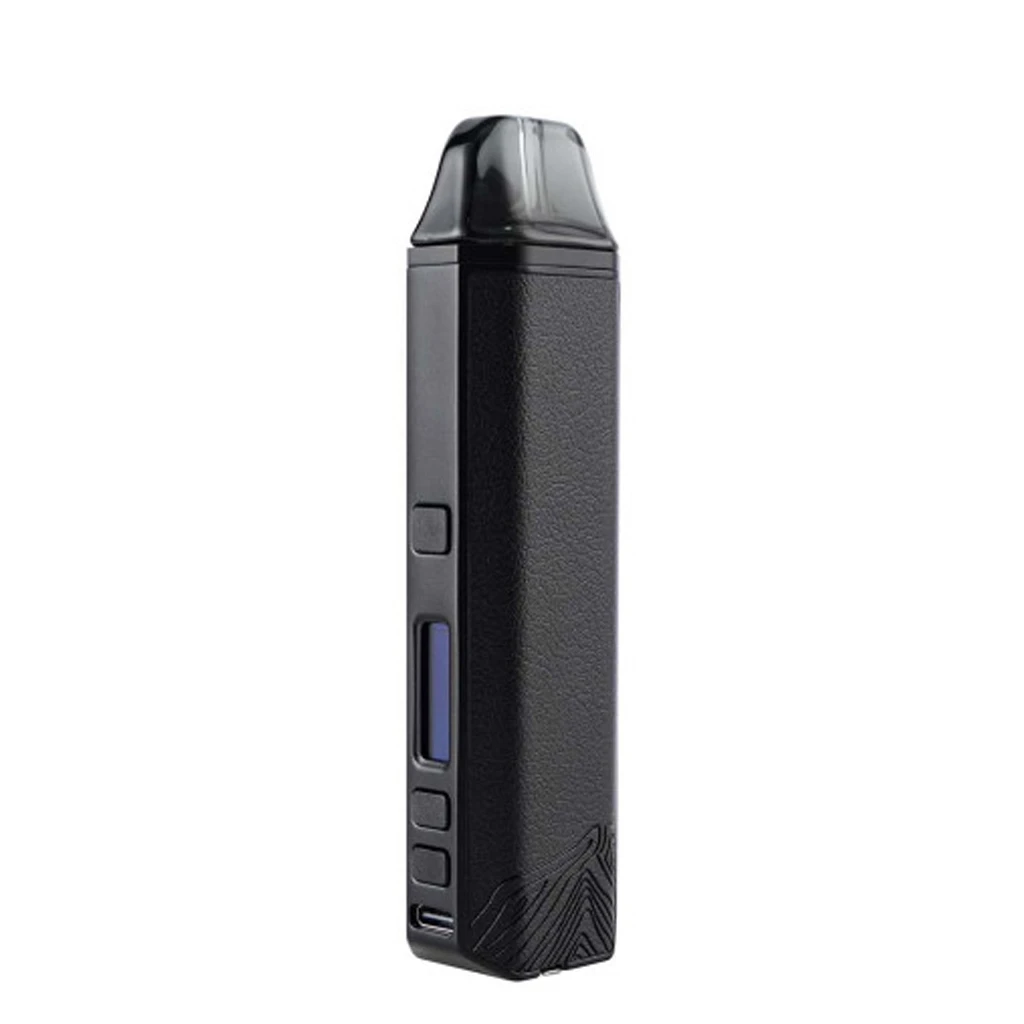 Vaporizador X-max Aria+ negro en vista oblicua, con boquilla superior, cuerpo texturizado, pantalla estrecha y botones laterales.