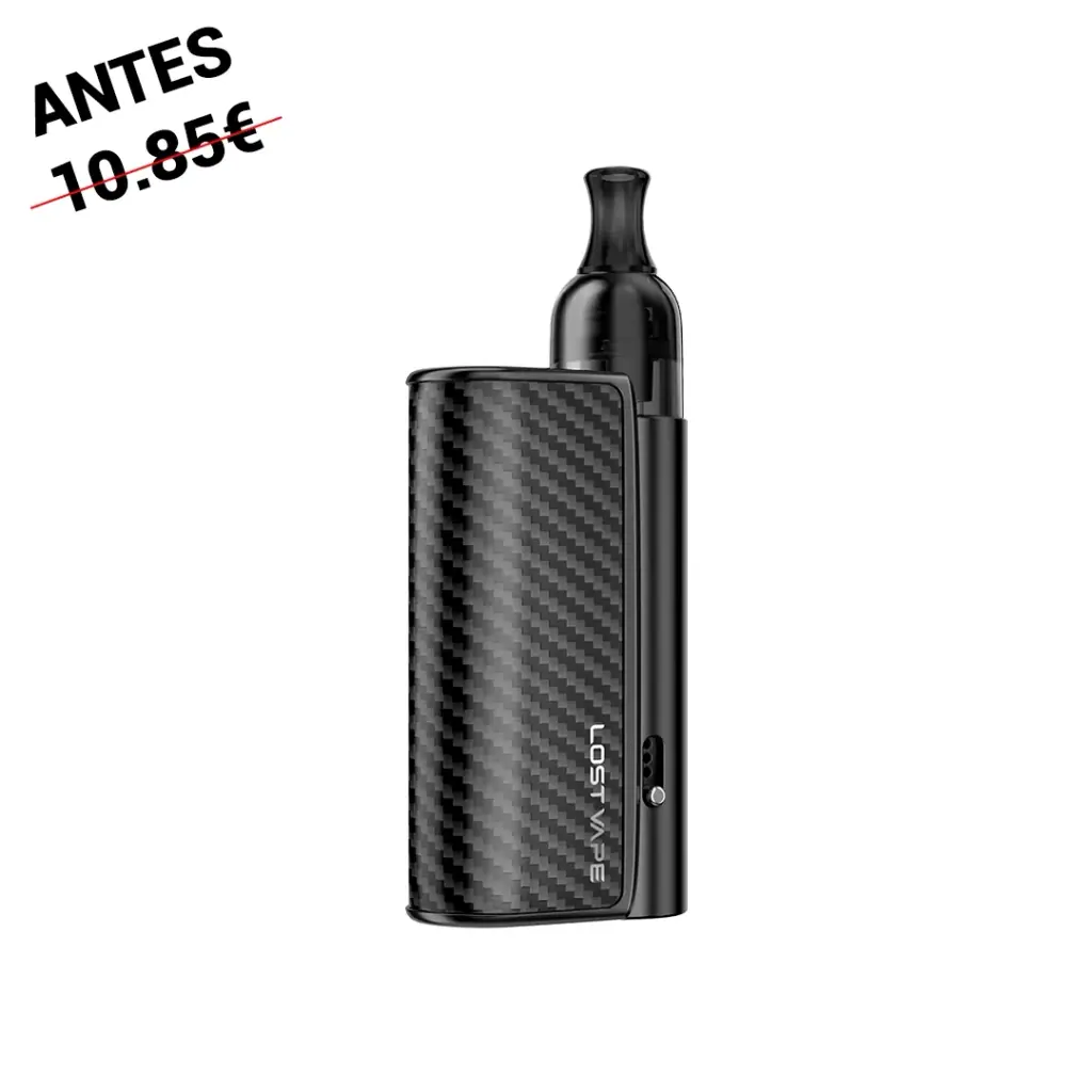 Lost Vape Thelema Nexus Mini Pod Kit negro, con panel de patrón diagonal y boquilla alargada, sobre fondo blanco.
