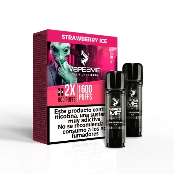 Pods negros To Revive Strawberry Ice delante de una caja rosa Vapeame con un extraterrestre y advertencia sobre nicotina.