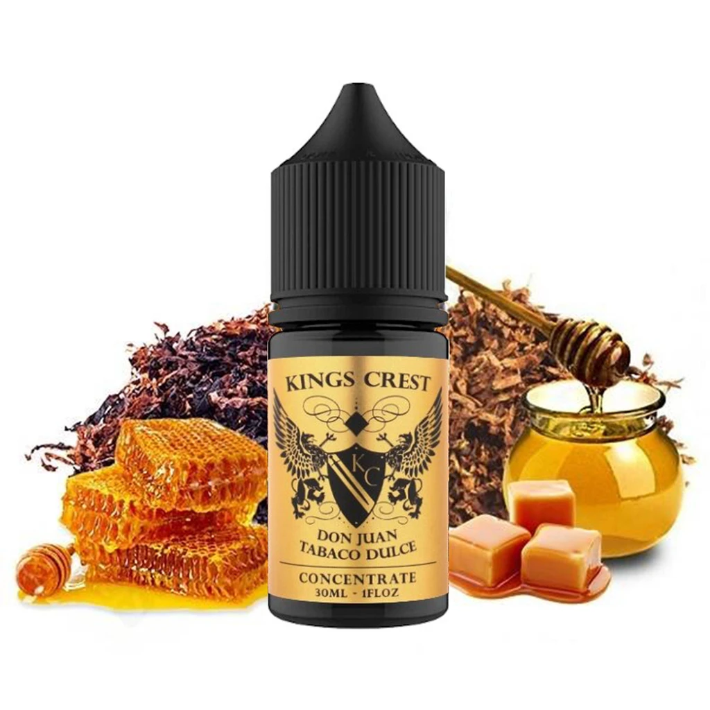 Frasco de Don Juan Tabaco Dulce de King's Crest, de 30 ml, con etiqueta dorada, rodeado de hojas de tabaco, miel y caramelos.